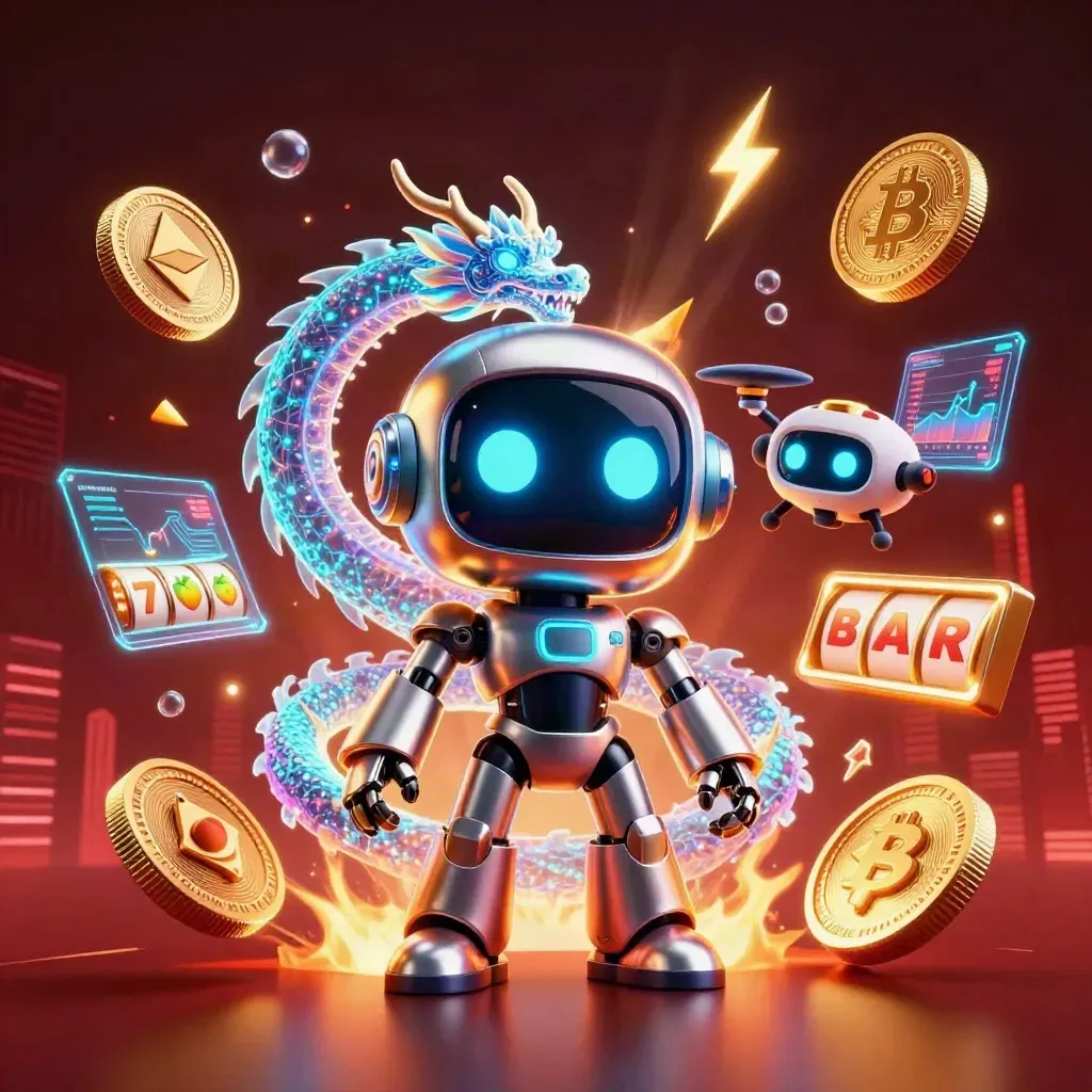Cyberpunk robot, holographic dragon, and coin drone amid casino coins, reels, and neon glow.