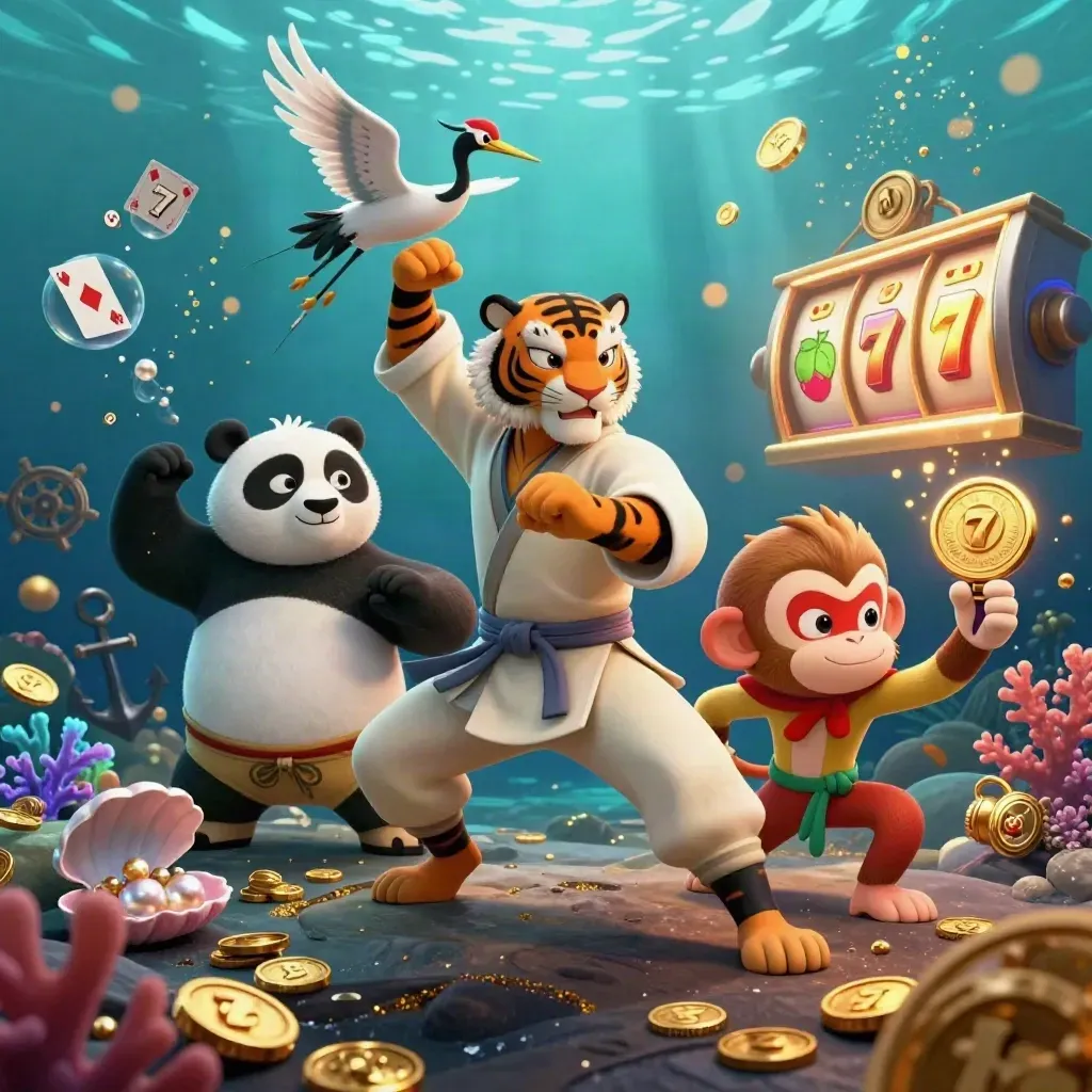 Kung-fu tiger, panda, and monkey in a glowing underwater treasure cove with casino symbols