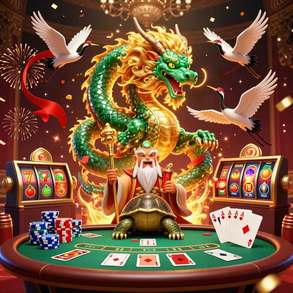 Emerald dragon, turtle sage, and cranes amid poker, slots, chips, and casino glow.