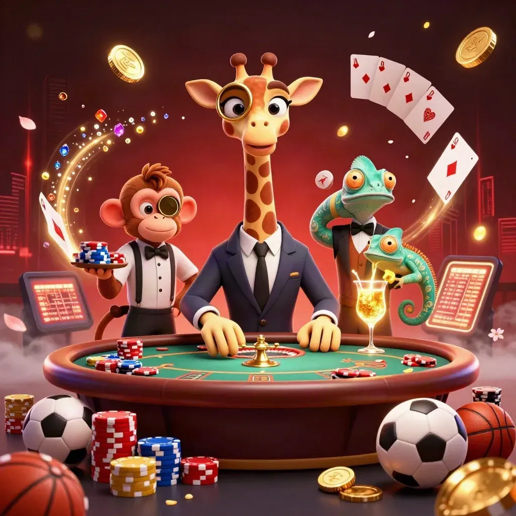 Giraffe, monkey, and chameleon at a glowing poker table amid coins, roulette, and sports bets