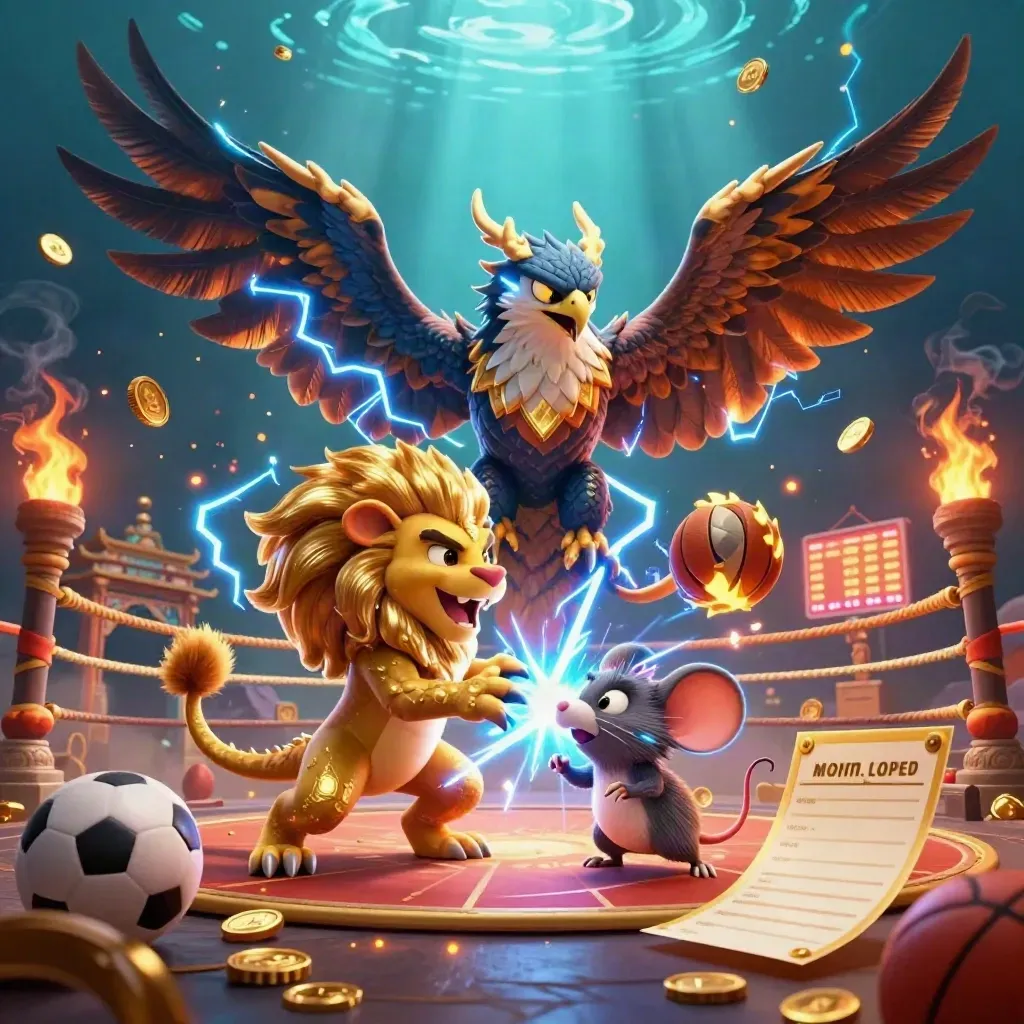 Thunder dragon, wind hawk, and static mouse amid casino sports tokens, gold sparks, neon glow