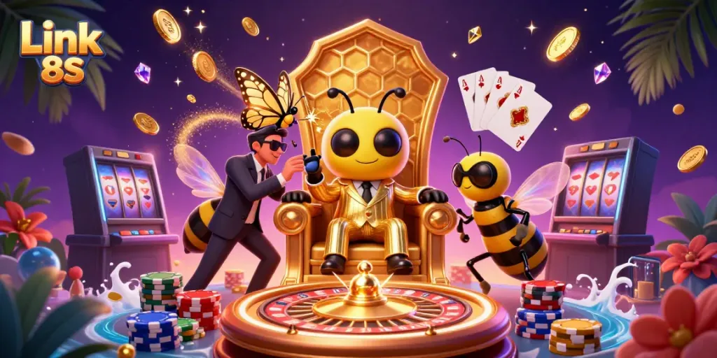 Engage in thrilling games at Link 8S with a buzzing bumblebee mob boss and dazzling casino elements.