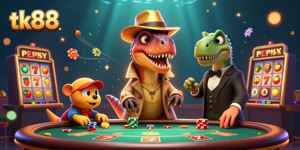 tk88 velociraptor betting at a blackjack table while a stegosaurus watches.