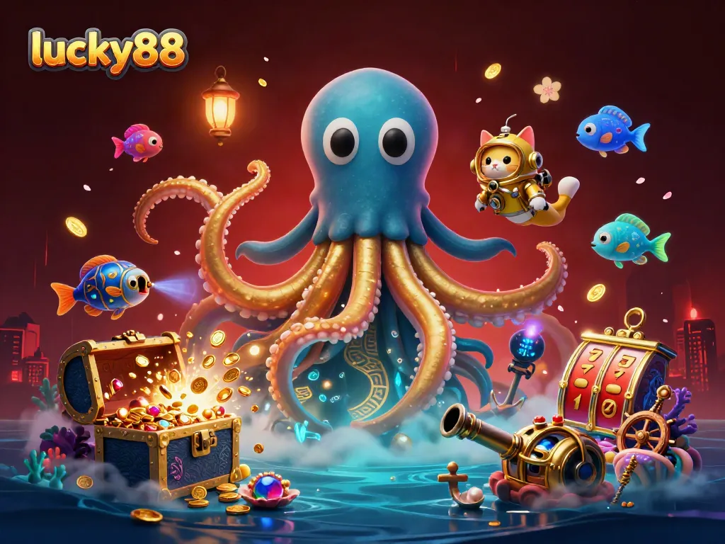 Engage with lucky88's thrilling slot features featuring a kraken and vibrant treasures.