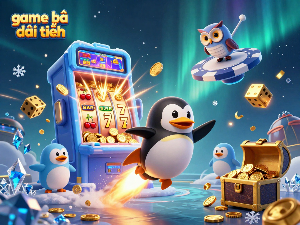 Experience thrilling game bài đổi thưởng as a golden penguin and jackpot symbols soar through a cosmic casino.
