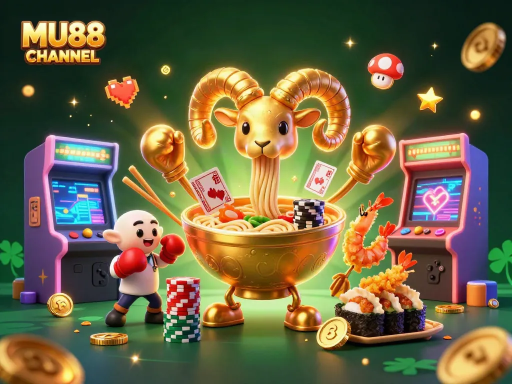 Experience the excitement of MU88 CHANNEL with a colorful 3D casino scene featuring animated characters.