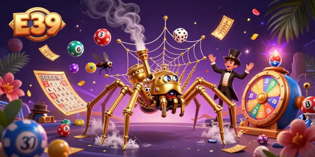 E39 offers vibrant games with a steampunk spider theme, conveying excitement and rich visuals.