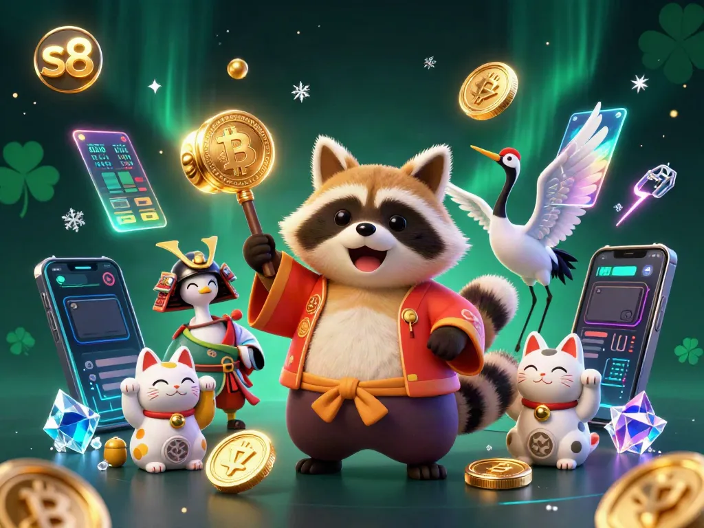 Spin slots and win with S8's festive characters and cryptocurrency elements illustrating online gaming.