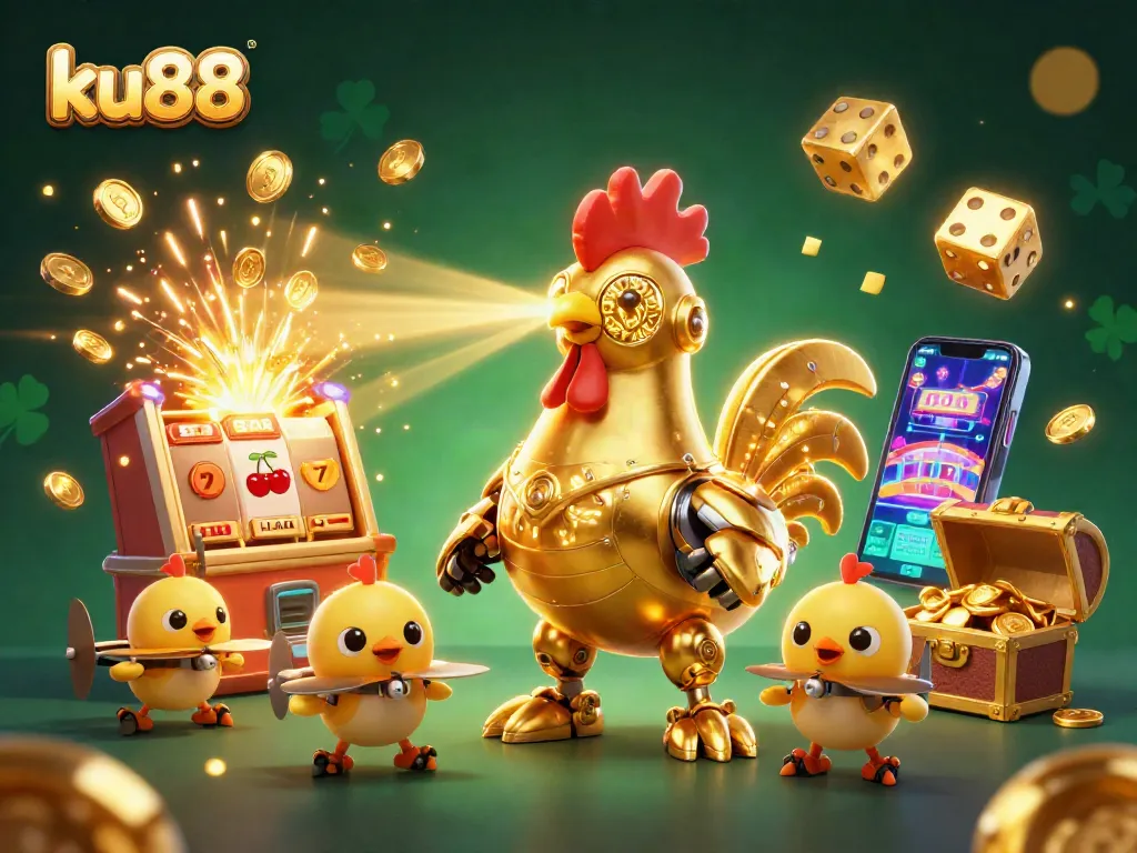 ku88 brings excitement with a golden rooster robot shooting lasers amidst a slot jackpot explosion.