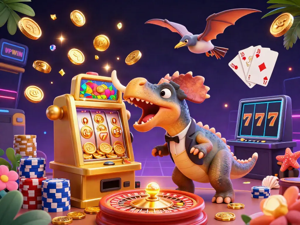 VIPWIN illustrates a thrilling jackpot win with a cartoon dinosaur at a slot machine, capturing a dynamic casino scene.