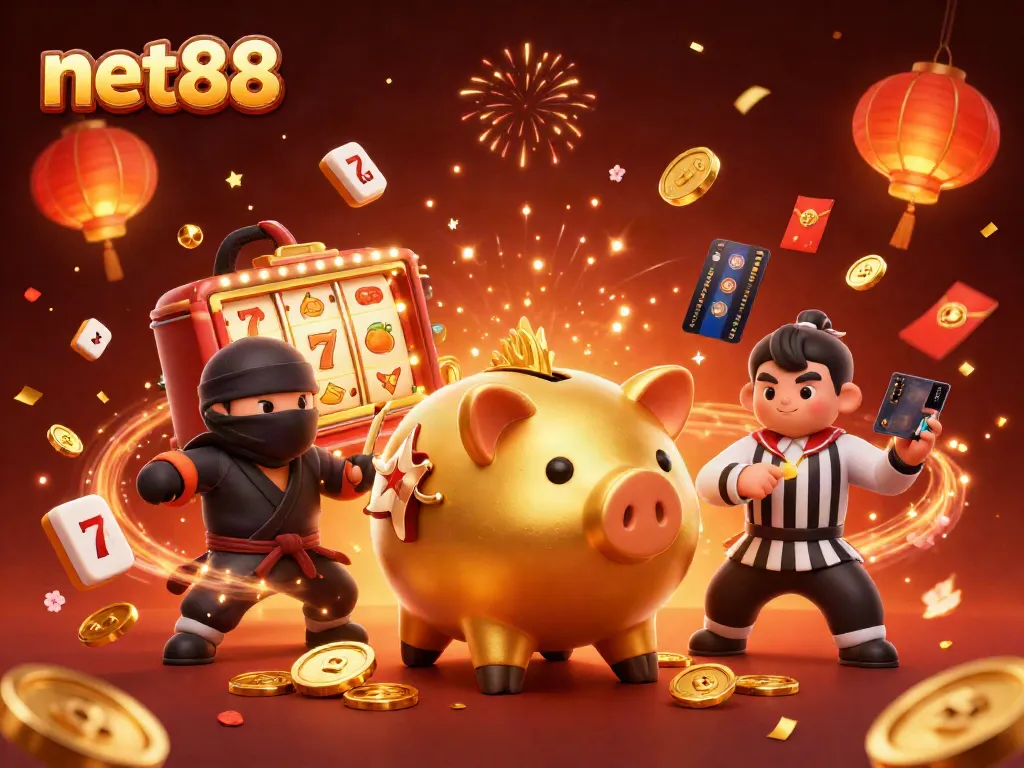 Engage with net88's vibrant gaming scene featuring a dynamic sumo wrestler piggy bank, wallet ninja, and credit card samurai.