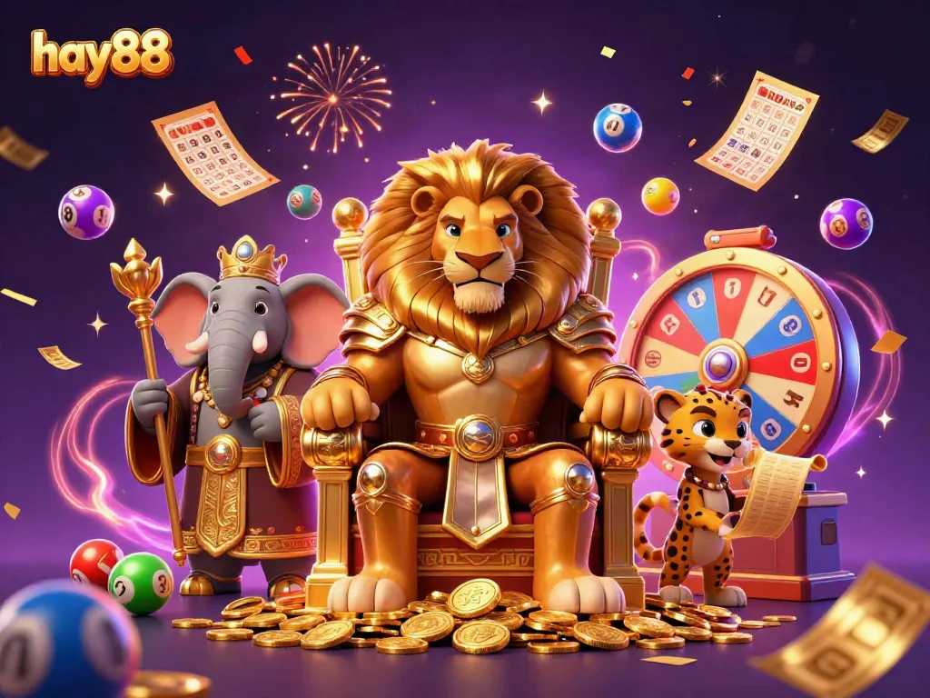 Experience excitement at hay88 with a regal lion king, wise elephant, and swift cheetah amidst vibrant casino elements.
