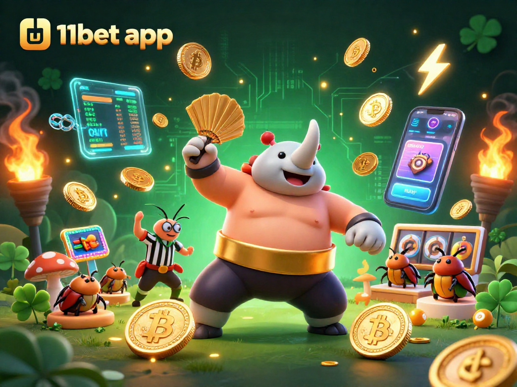 Win big with the 11bet app in a vivid 3D sumo beetle casino battle scene.