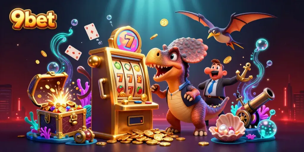 9bet's thrilling casino scene featuring cartoon dinosaurs celebrating jackpot wins with dynamic gaming elements.