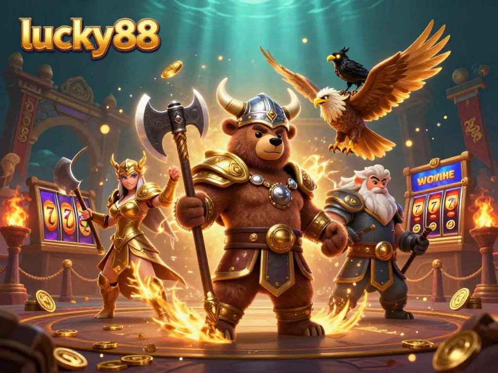 Engage in thrilling adventures with lucky88 featuring a Viking bear and Valkyrie eagle amidst a dynamic casino scene.