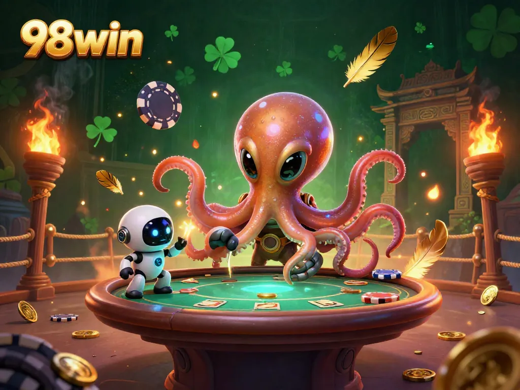 Experience thrilling gameplay with 98win as a 3D cartoon alien octopus hosts a holographic poker game.