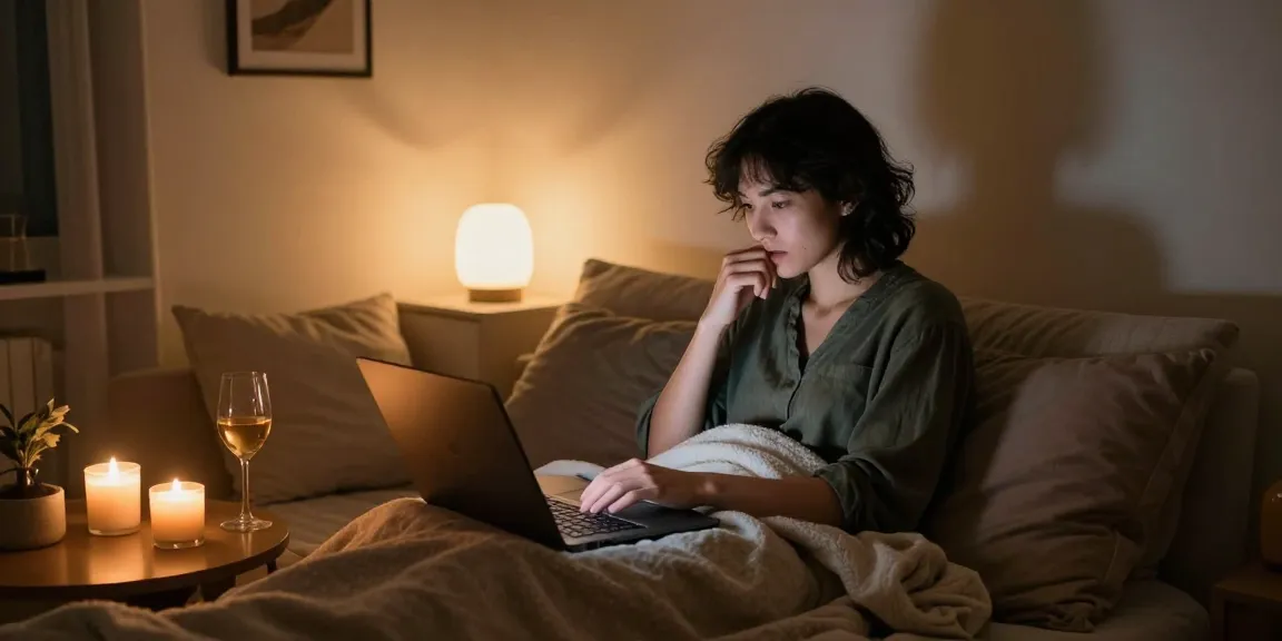 Engaging in a sex chat in a cozy, candlelit room with a laptop and warm atmosphere.