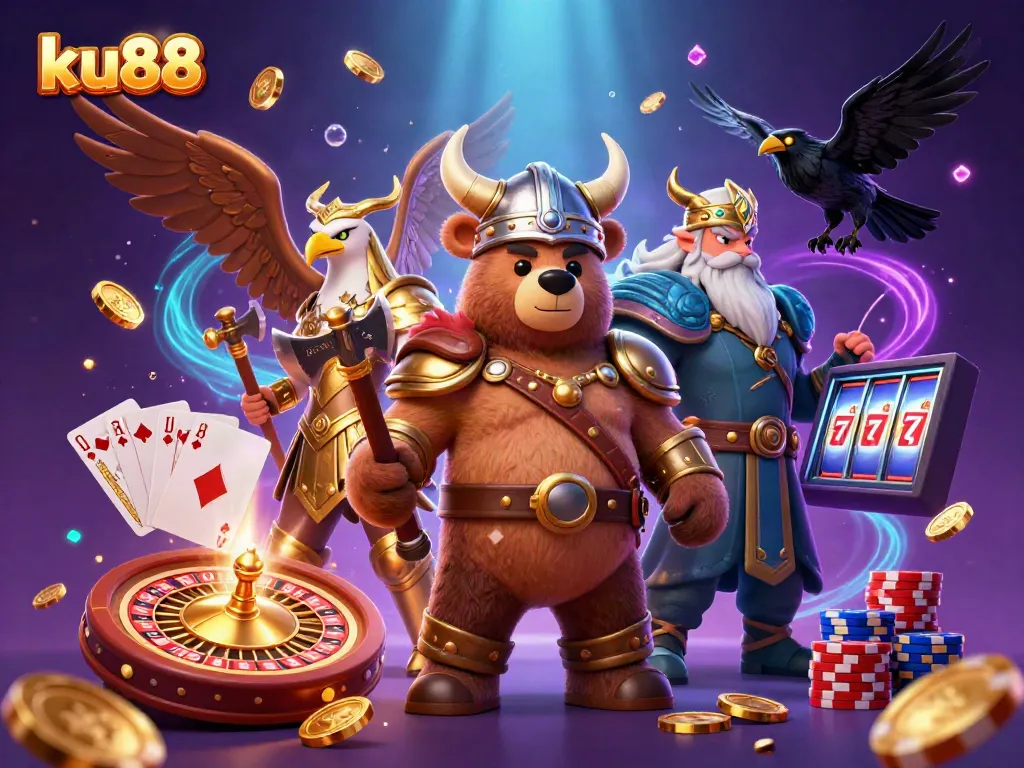 Experience thrilling action with ku88 in this vibrant 3D digital illustration of a Viking bear and Valkyrie eagle amidst casino chaos.