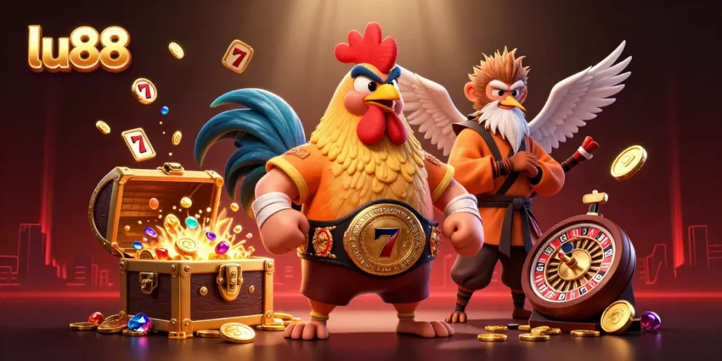 Experience thrilling gameplay at lu88 with a vibrant scene featuring a Muay Thai rooster, martial artist monkey, and wise crane amidst casino elements.