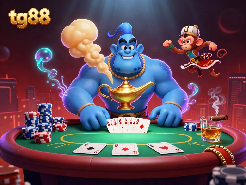 Experience thrilling poker action with tg88, featuring a muscular genie, poker chips, and vibrant casino elements.