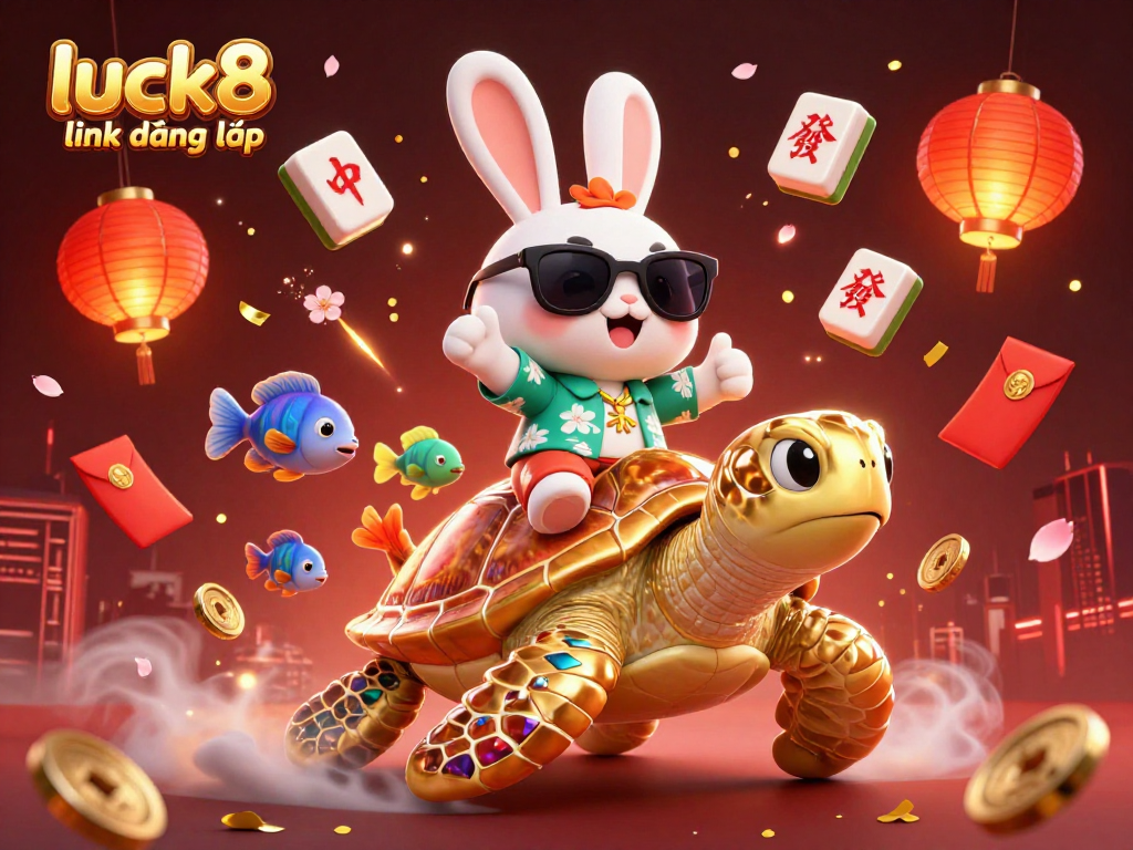 Engage with luck8 link đăng nhập in a vibrant 3D casino scene filled with joyful symbols of fortune.