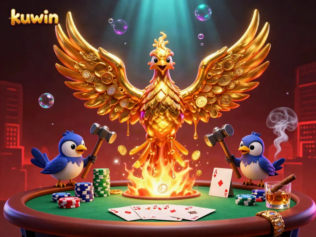 Play poker with kuwin in an ultra-detailed casino scene featuring a molten gold phoenix and colorful chips.