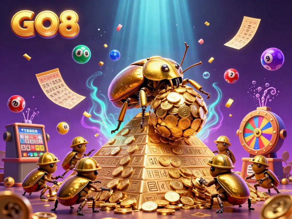 Experience the excitement of GO8 casino with a dynamic scene of golden dung beetles in a colorful lottery environment.