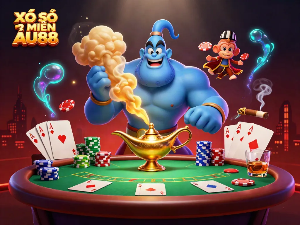 XỔ SỐ 3 MIỀN AU88 displays a vibrant 3D scene with a genie, monkey, and poker chips swirling dynamically.
