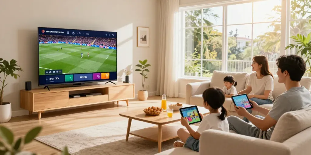 A family enjoying IPTV Providers in a cozy living room while watching live sports.