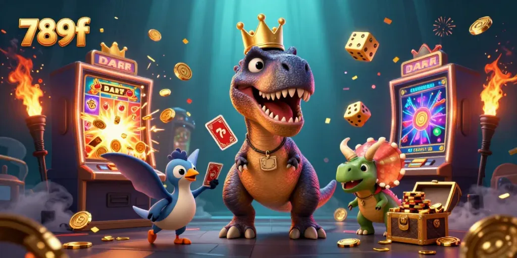 Join the fun at 789f with a playful T-Rex shuffling cards in an exciting casino scene!