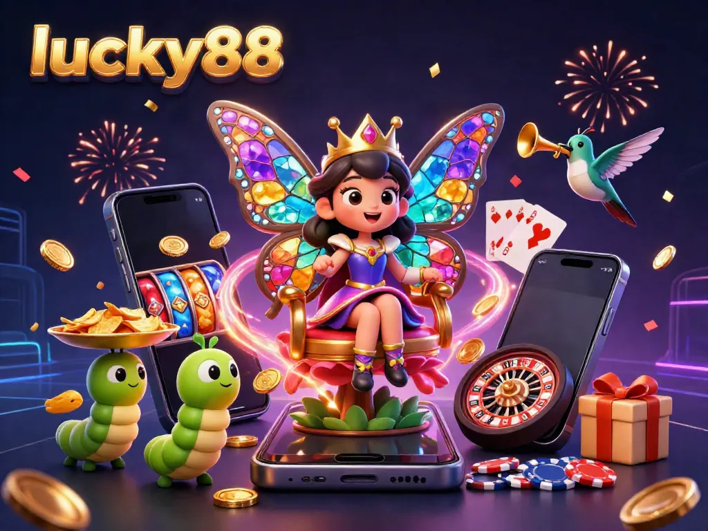 Experience lucky88 with vibrant characters amidst a dazzling casino backdrop, highlighting game excitement.