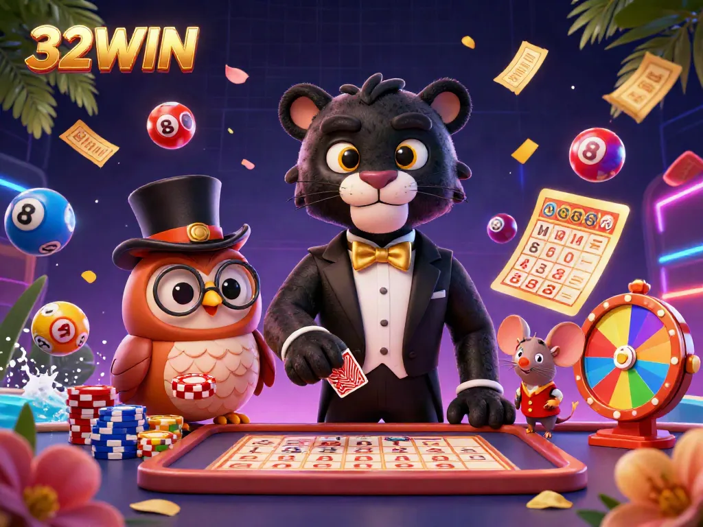Experience vibrant casino excitement with 32WIN, featuring characters like a tuxedo panther and an owl, amidst dynamic lottery elements.
