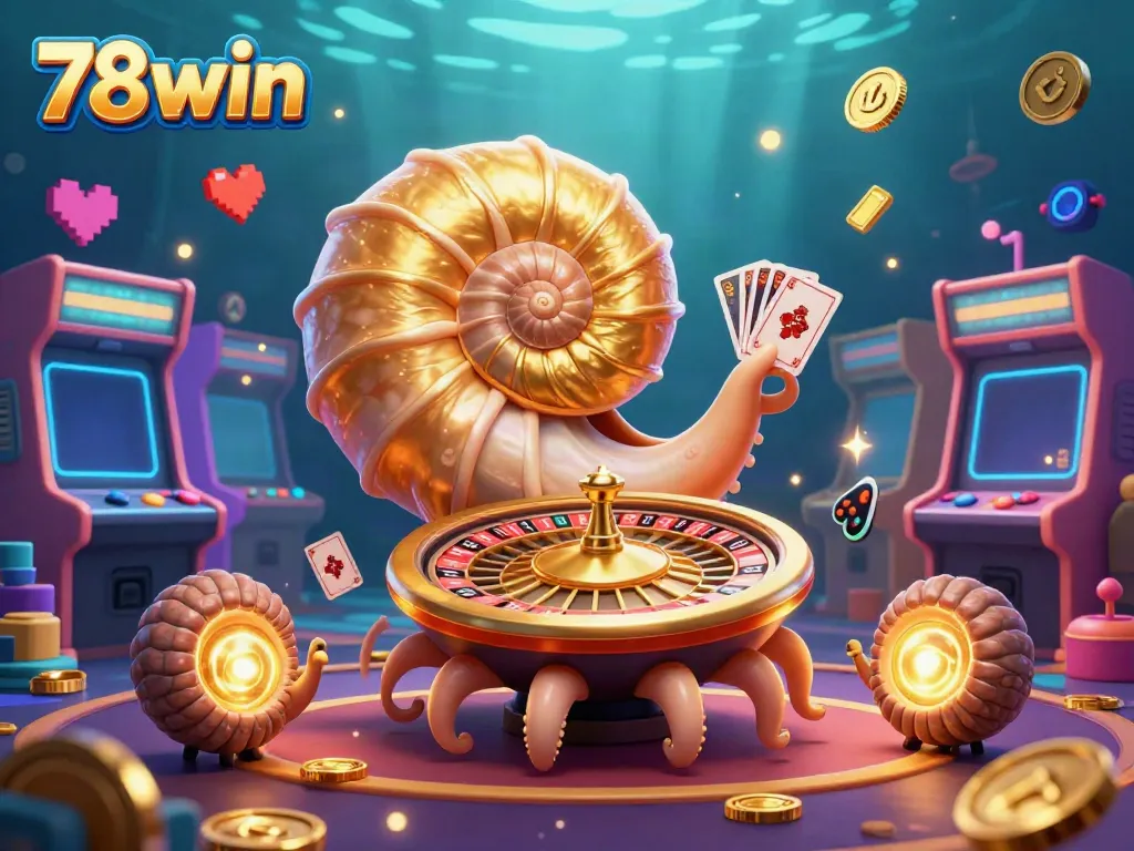 Experience the thrilling world of 78win with a vibrant casino illustration featuring a giant nautilus roulette.