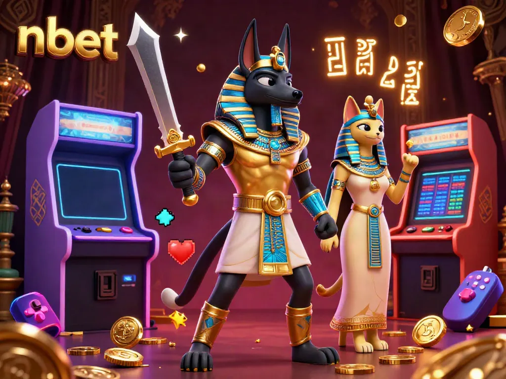 Immerse yourself in the nbet casino world with Anubis and Bastet amidst vibrant gaming elements.
