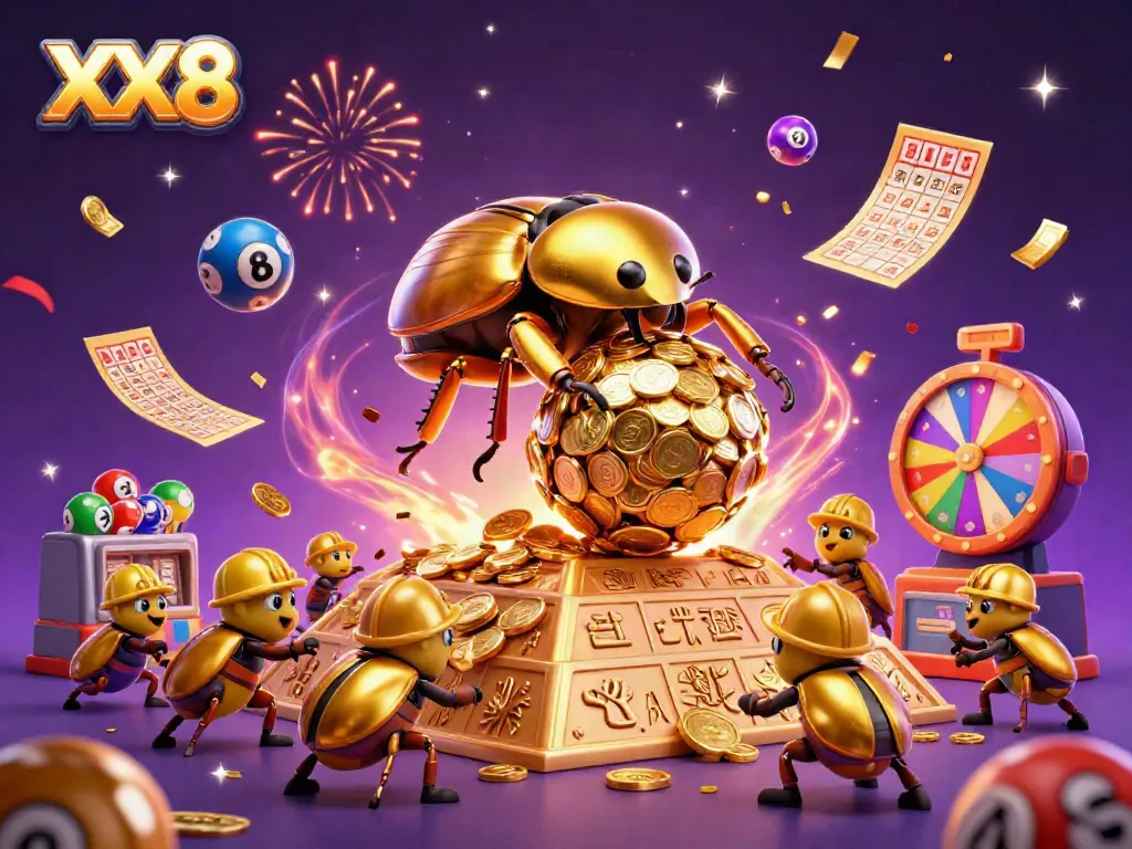 Experience the excitement of gambling with the dynamic XX8 scene featuring golden elements and vibrant casino symbols.