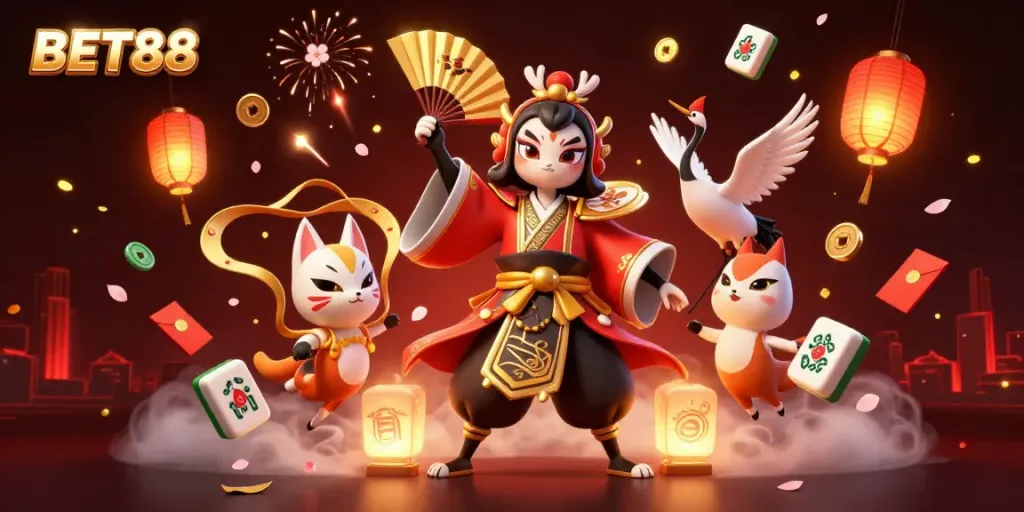 Engage in thrilling casino experiences at BET88 with detailed 3D artwork of dynamic characters and game elements.