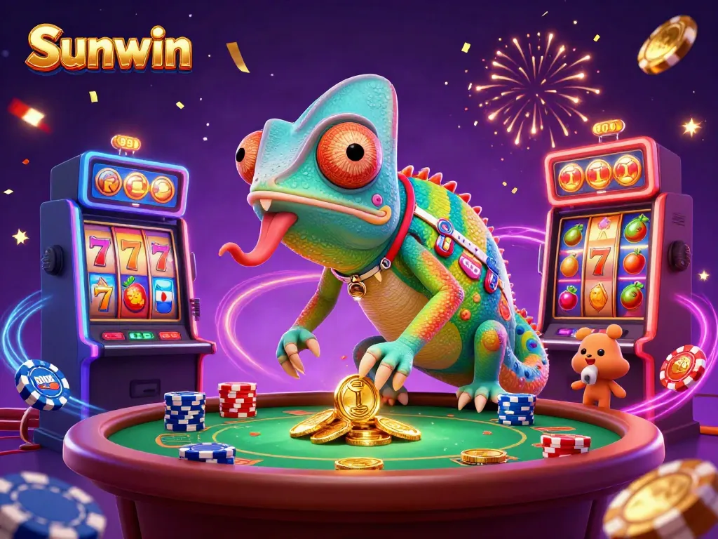 Sunwin's lively casino scene featuring colorful slots, coins, and animated fun elements.