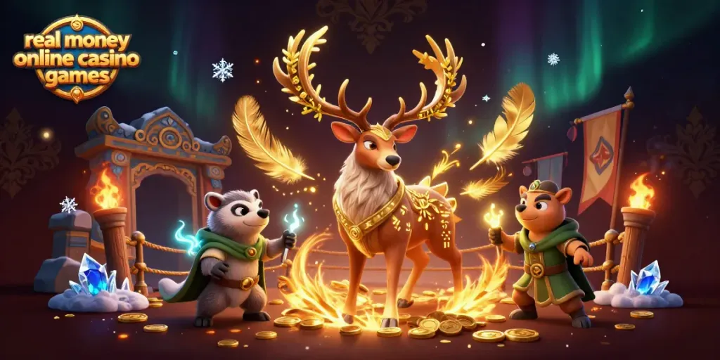 Experience real money online casino games with enchanting characters and dynamic casino elements in a 3D illustration.