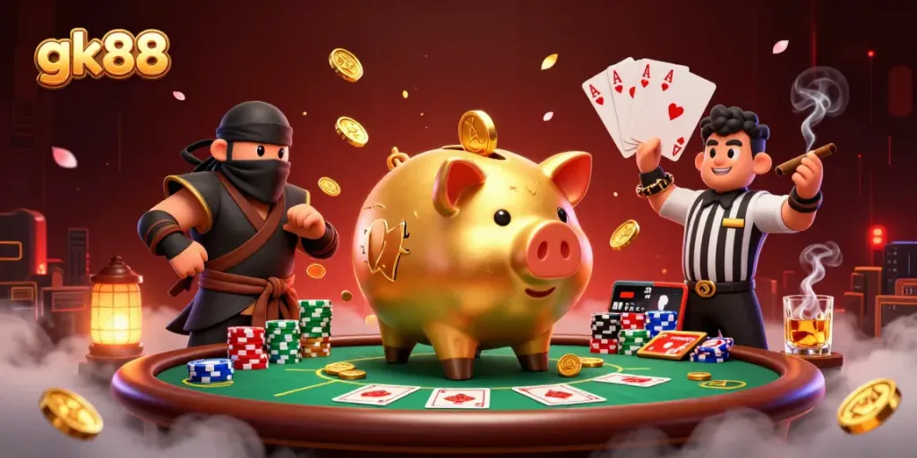 Engage in thrilling games at gk88 surrounded by charismatic casino characters and vibrant poker table elements.