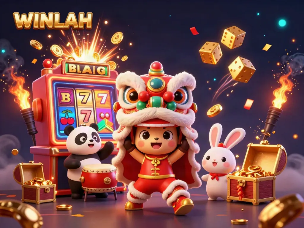 Experience the excitement of WINLAH with a vibrant lion dance and dynamic casino elements.