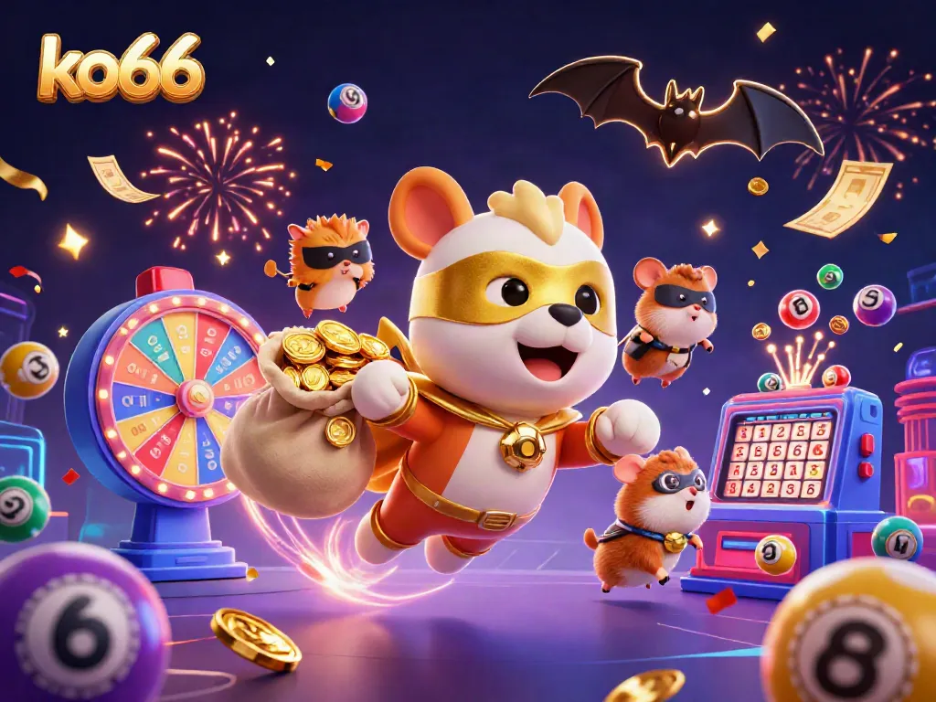 Experience the excitement of ko66 with a superhero dog and hamster amidst dynamic gambling elements.