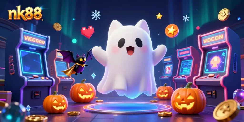 Engage with nk88 experiences in a vibrant haunted casino with playful characters.