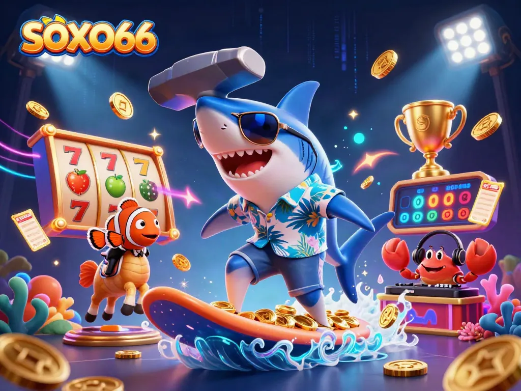 Experience exciting wins with SOXO66 in this vibrant 3D illustration featuring playful sea creatures and slot elements.