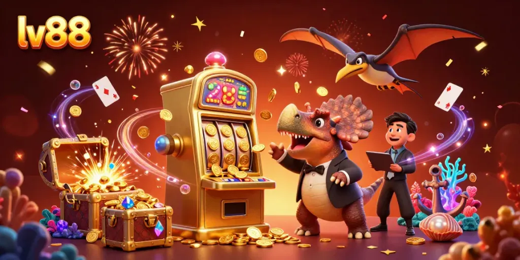 Experience explosive wins with LV88: a pachycephalosaurus and friends celebrating jackpot payouts!