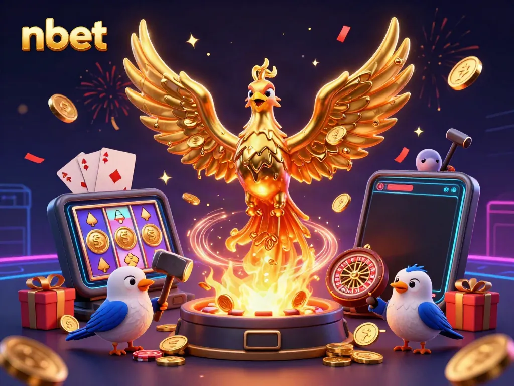 Engage in thrilling gameplay at nbet, featuring a golden phoenix amid vibrant casino elements.