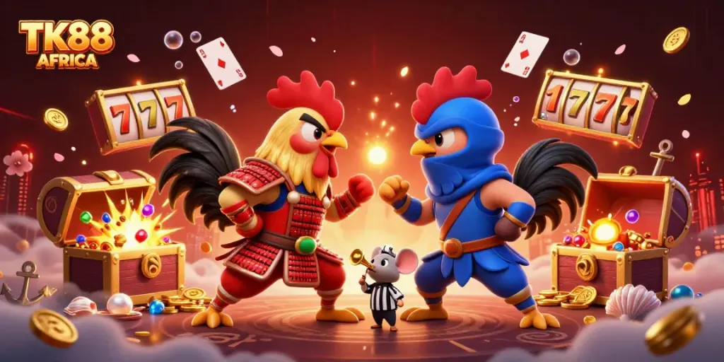 Engaging illustration of TK88 AFRICA featuring fighting roosters in a slots-themed showdown.