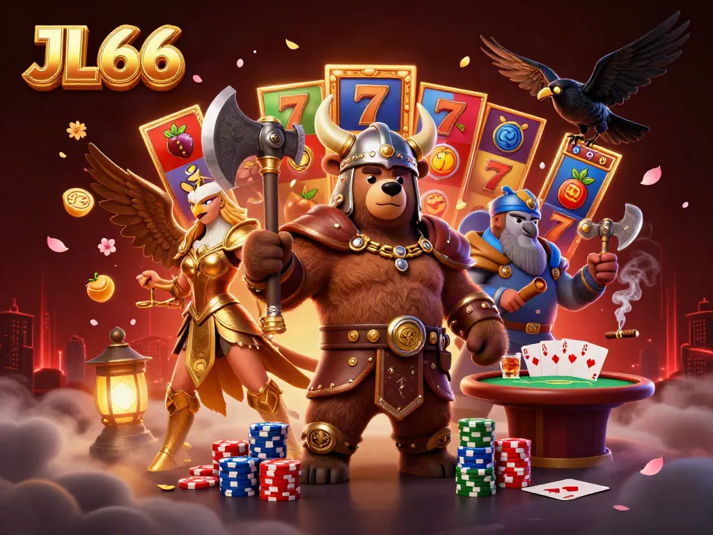 Experience thrilling action at JL66 with a vibrant casino scene featuring a Viking bear, Valkyrie eagle, and dynamic slot games.