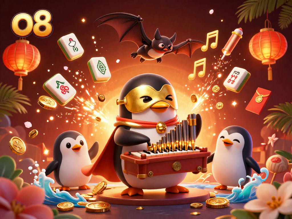 Spin and win at o8 with vibrant gaming symbols surrounding a whimsical penguin playing an organ of golden coins.