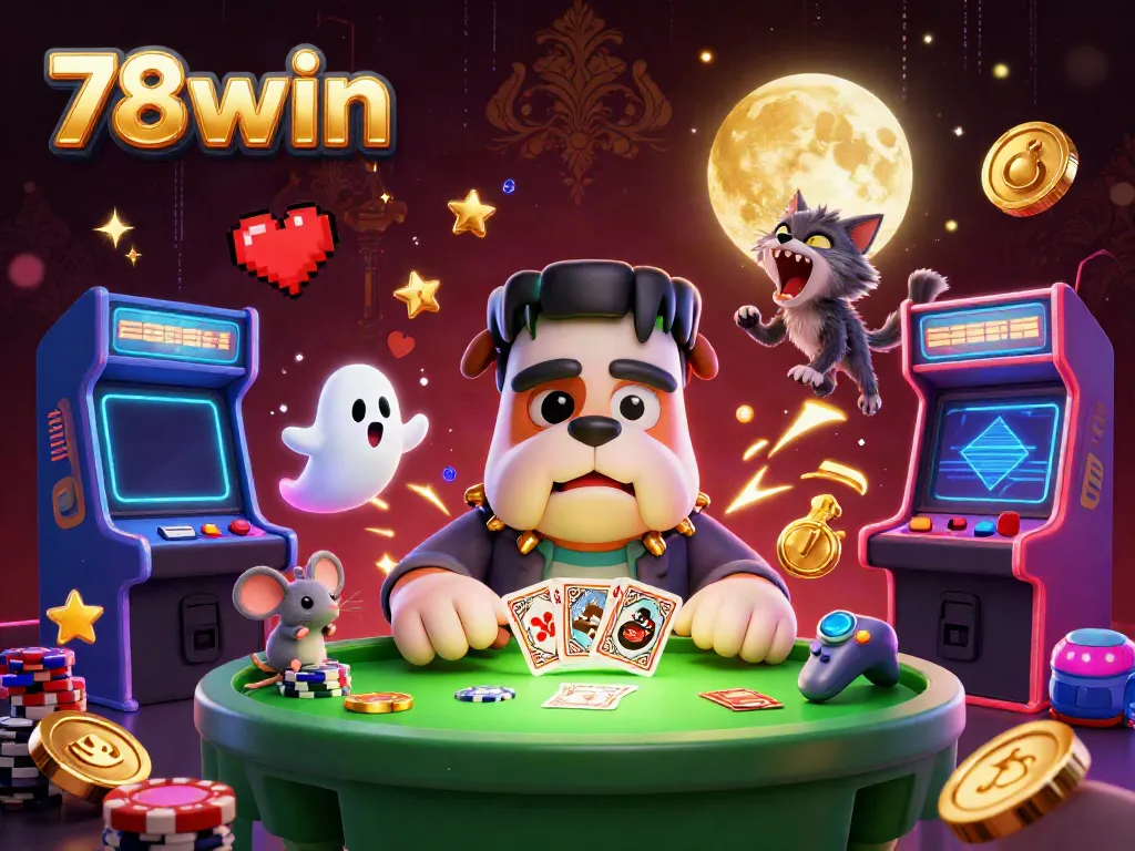 Deal cards at 78win's haunted casino with colorful characters and vibrant game elements.