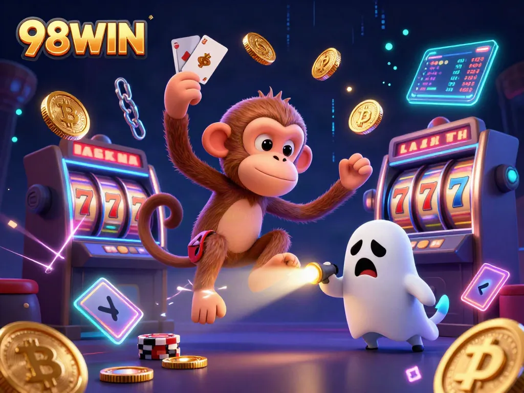 98WIN players win big at slots with a mystical monkey and a curious puppy in a haunted casino.